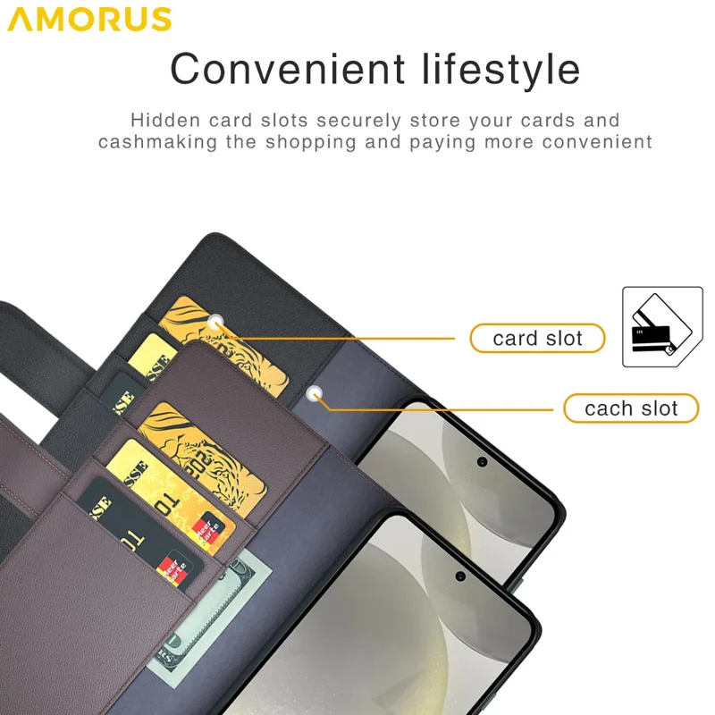 AMORUS For Samsung Galaxy S24 FE Stand Cases Calf Texture Genuine Split Leather Wallet Phone Cover - Black