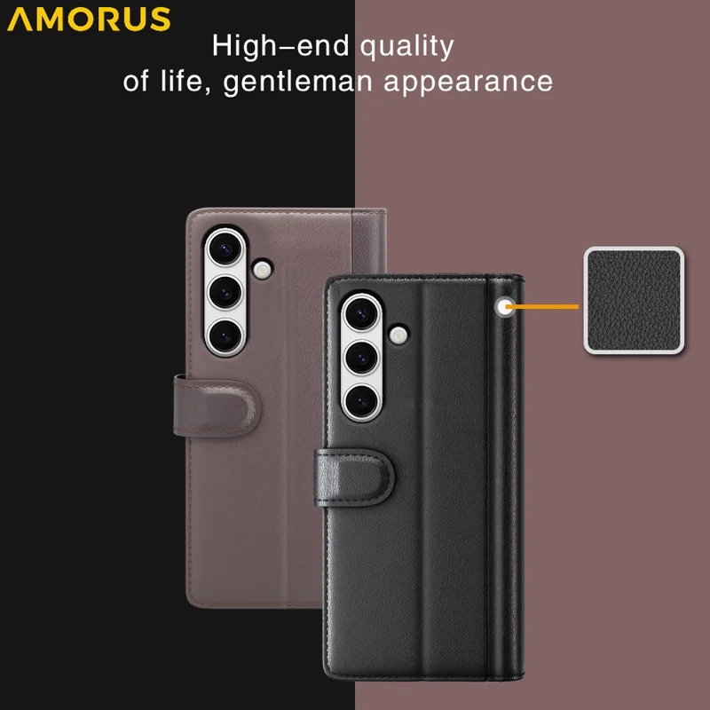 AMORUS For Samsung Galaxy S24 FE Stand Cases Calf Texture Genuine Split Leather Wallet Phone Cover - Black