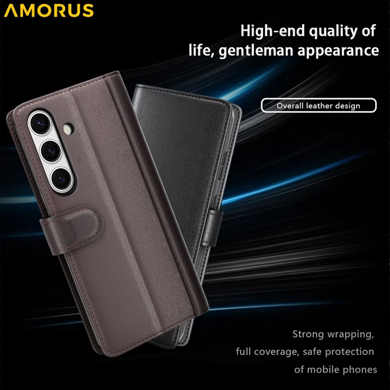 AMORUS For Samsung Galaxy S24 FE Stand Cases Calf Texture Genuine Split Leather Wallet Phone Cover - Black