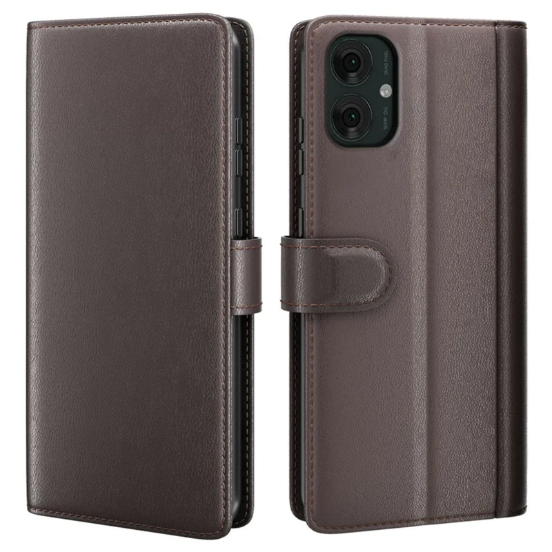 AMORUS Pour Motorola Moto G55 5G Étui de Support Texture Veau Véritable Cuir Fendu Portefeuille Étui de Téléphone - Marron