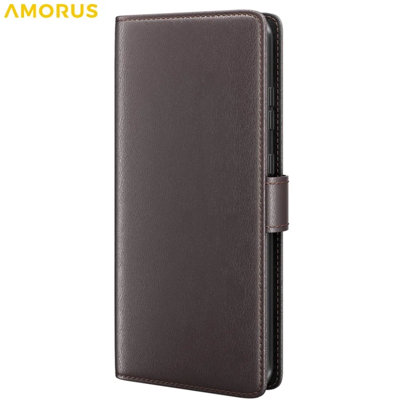 AMORUS Pour Motorola Moto G55 5G Étui de Support Texture Veau Véritable Cuir Fendu Portefeuille Étui de Téléphone - Marron