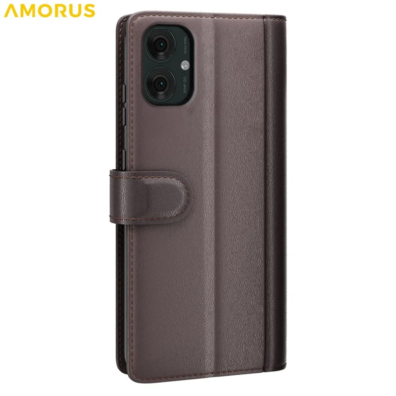 AMORUS Pour Motorola Moto G55 5G Étui de Support Texture Veau Véritable Cuir Fendu Portefeuille Étui de Téléphone - Marron