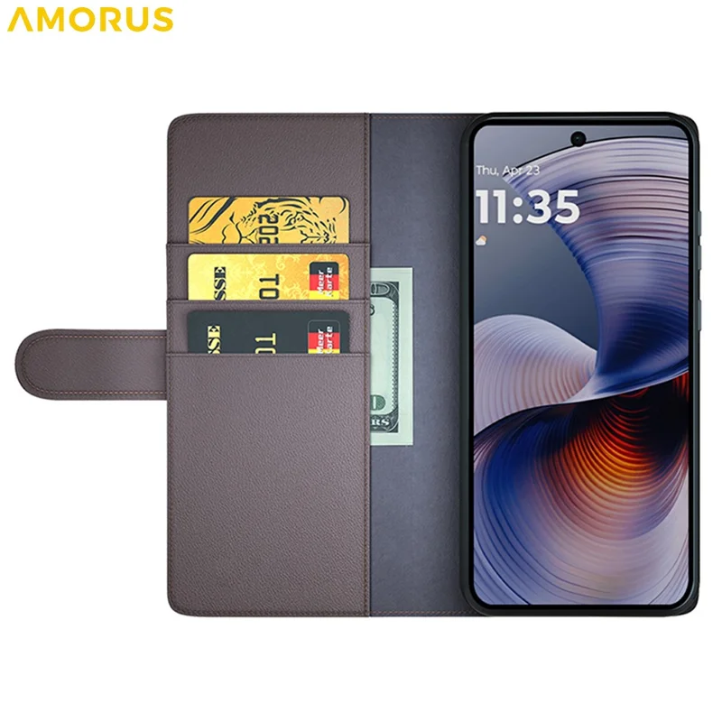 AMORUS Pour Motorola Moto G55 5G Étui de Support Texture Veau Véritable Cuir Fendu Portefeuille Étui de Téléphone - Marron