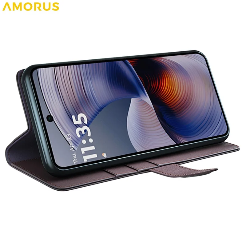 AMORUS Pour Motorola Moto G55 5G Étui de Support Texture Veau Véritable Cuir Fendu Portefeuille Étui de Téléphone - Marron