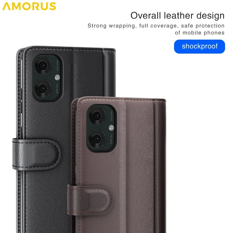 AMORUS Pour Motorola Moto G55 5G Étui de Support Texture Veau Véritable Cuir Fendu Portefeuille Étui de Téléphone - Marron