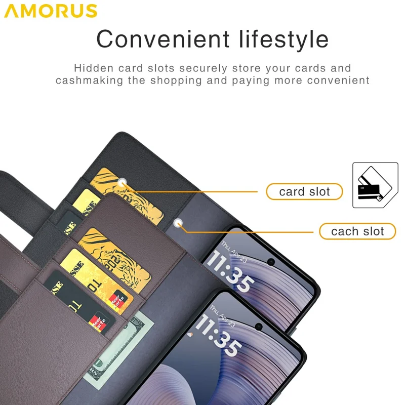 AMORUS Pour Motorola Moto G55 5G Étui de Support Texture Veau Véritable Cuir Fendu Portefeuille Étui de Téléphone - Marron