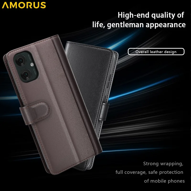 AMORUS Pour Motorola Moto G55 5G Étui de Support Texture Veau Véritable Cuir Fendu Portefeuille Étui de Téléphone - Marron