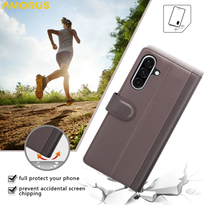 AMORUS For Samsung Galaxy A36 5G / A56 5G Stand Cases Calf Texture Genuine Split Leather Wallet Phone Cover - Brown