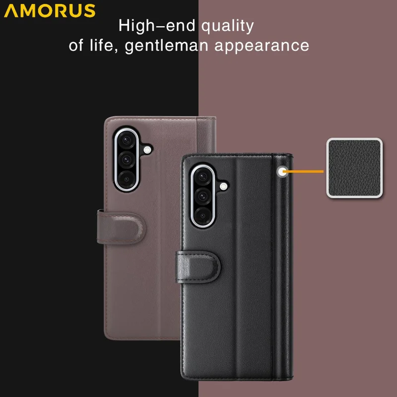 AMORUS For Samsung Galaxy A36 5G / A56 5G Stand Cases Calf Texture Genuine Split Leather Wallet Phone Cover - Brown