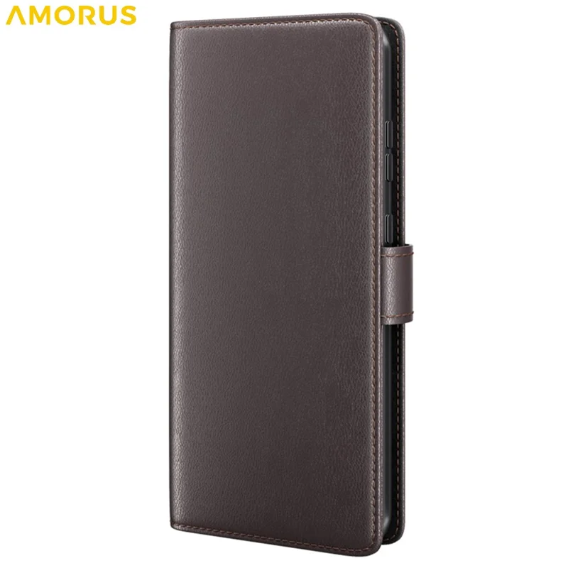 AMORUS For Samsung Galaxy A36 5G / A56 5G Stand Cases Calf Texture Genuine Split Leather Wallet Phone Cover - Brown