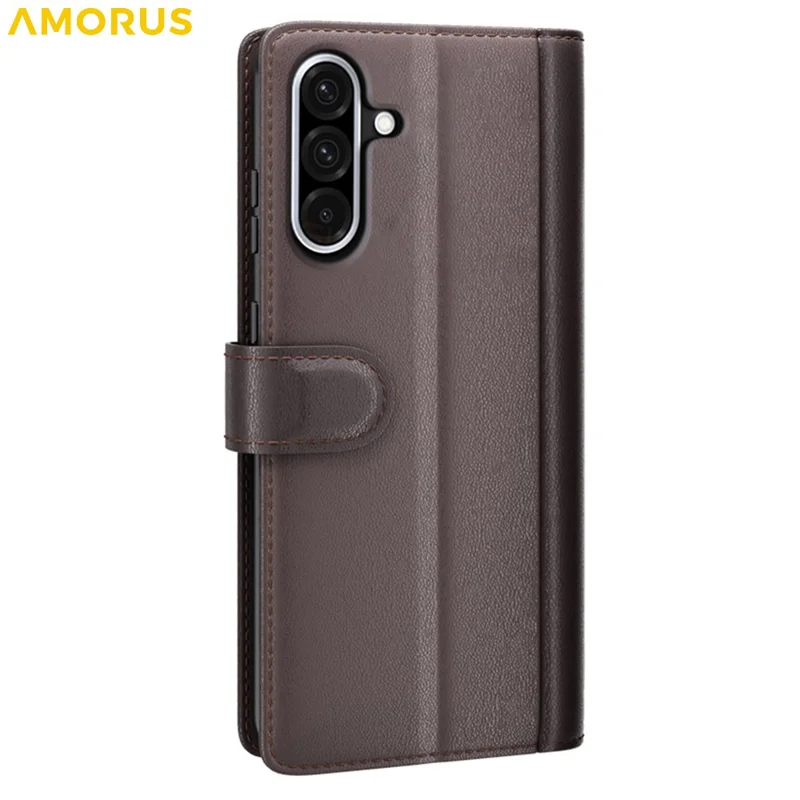 AMORUS For Samsung Galaxy A36 5G / A56 5G Stand Cases Calf Texture Genuine Split Leather Wallet Phone Cover - Brown
