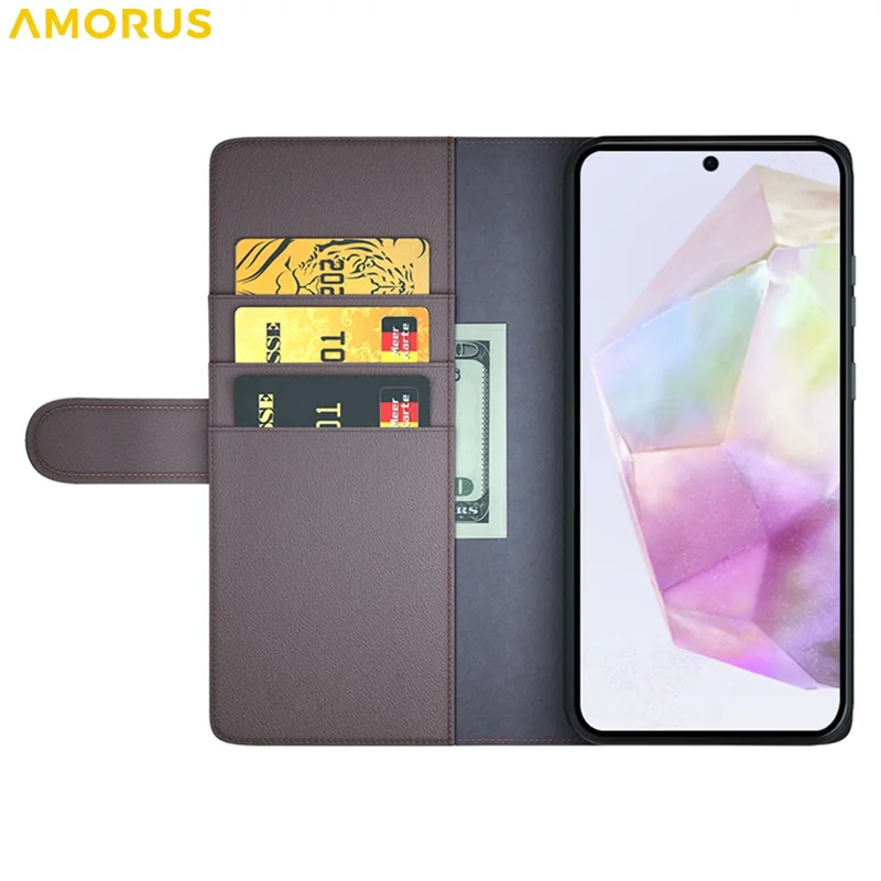 AMORUS For Samsung Galaxy A36 5G / A56 5G Stand Cases Calf Texture Genuine Split Leather Wallet Phone Cover - Brown
