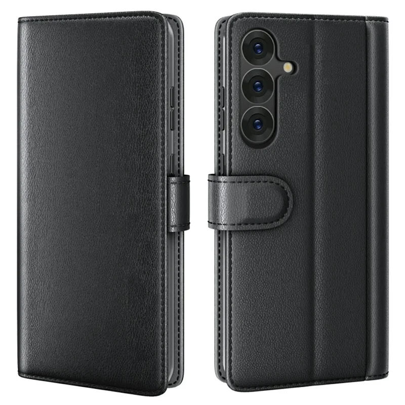 AMORUS For Samsung Galaxy S25 Stand Cases Calf Texture Genuine Split Leather Wallet Phone Cover - Black