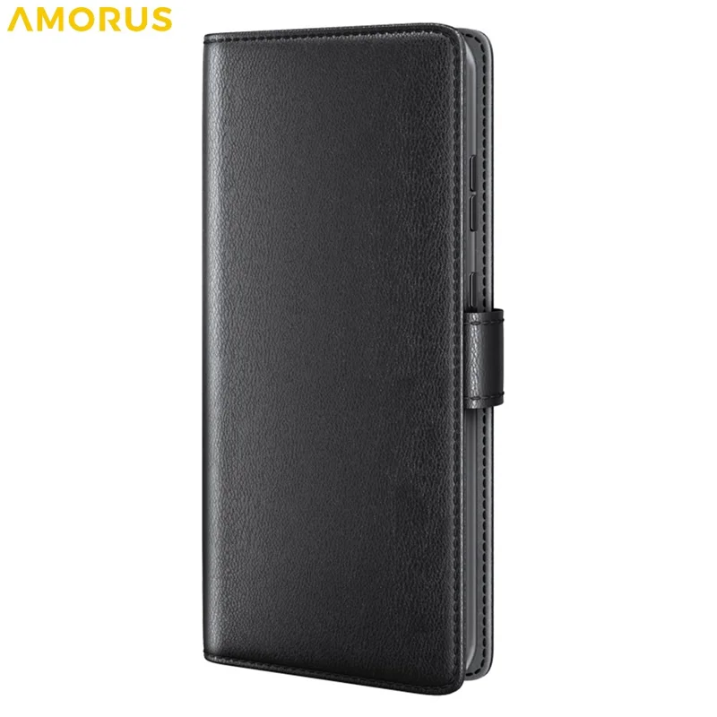 AMORUS For Samsung Galaxy S25 Stand Cases Calf Texture Genuine Split Leather Wallet Phone Cover - Black