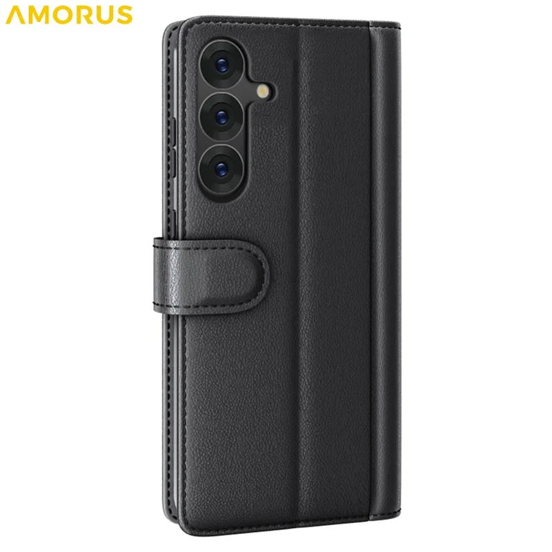 AMORUS For Samsung Galaxy S25 Stand Cases Calf Texture Genuine Split Leather Wallet Phone Cover - Black