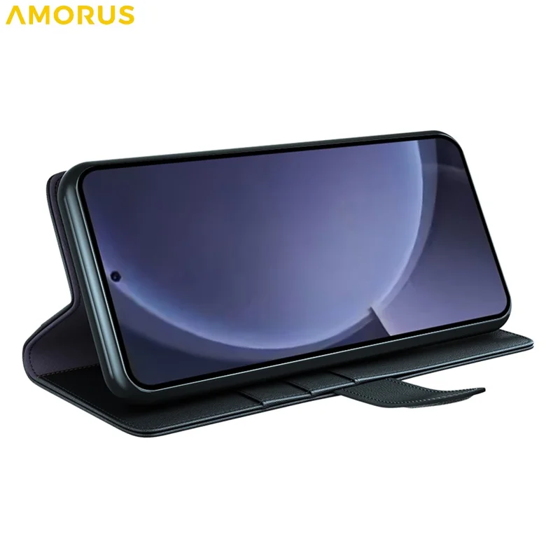 AMORUS For Samsung Galaxy S25 Stand Cases Calf Texture Genuine Split Leather Wallet Phone Cover - Black