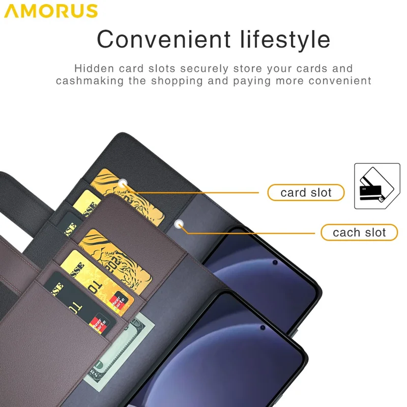 AMORUS For Samsung Galaxy S25 Stand Cases Calf Texture Genuine Split Leather Wallet Phone Cover - Black