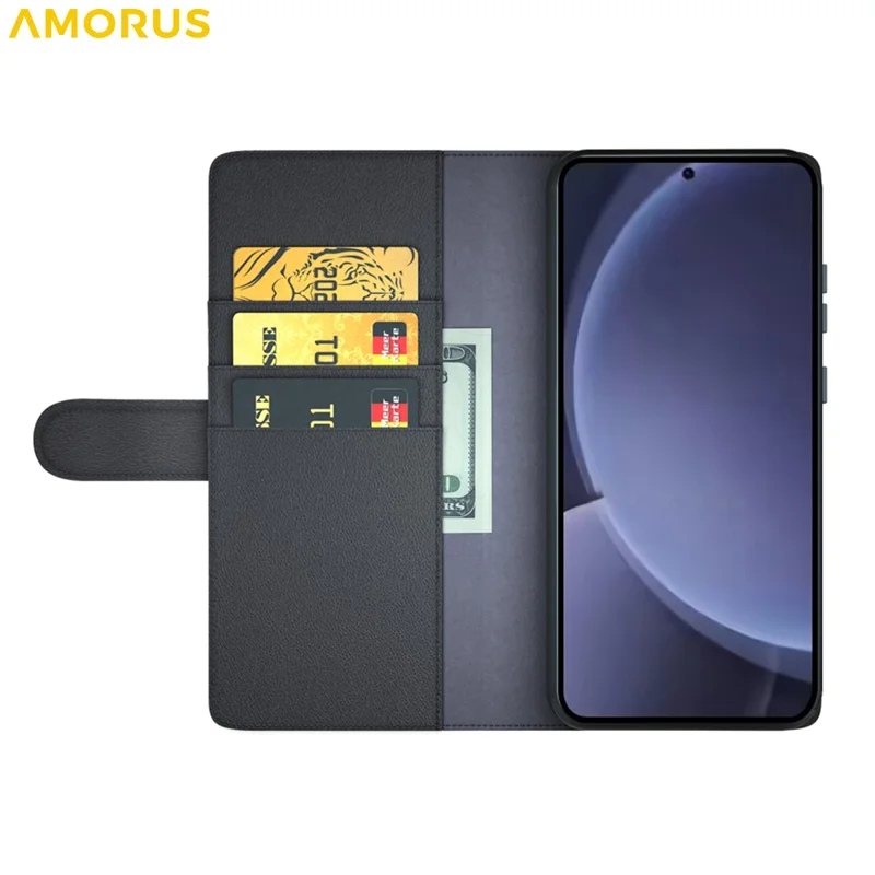 AMORUS For Samsung Galaxy S25+ Stand Cases Calf Texture Genuine Split Leather Wallet Phone Cover - Black