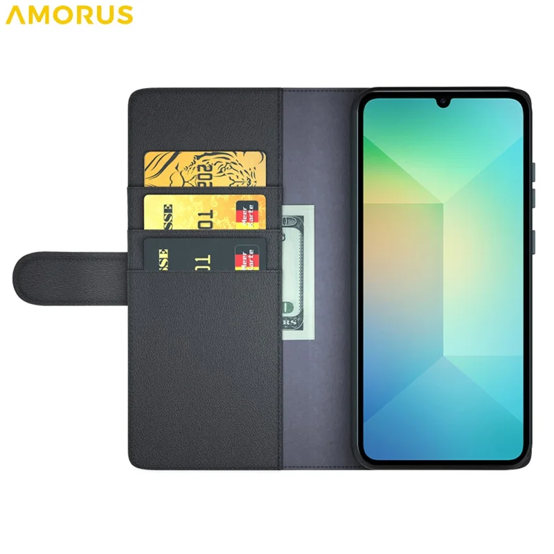 AMORUS Für Samsung Galaxy A06 4G / 5G Ständer Hüllen Kalbleder Textur Echtes Geteiltes Leder Brieftasche Handyhülle - Schwarz