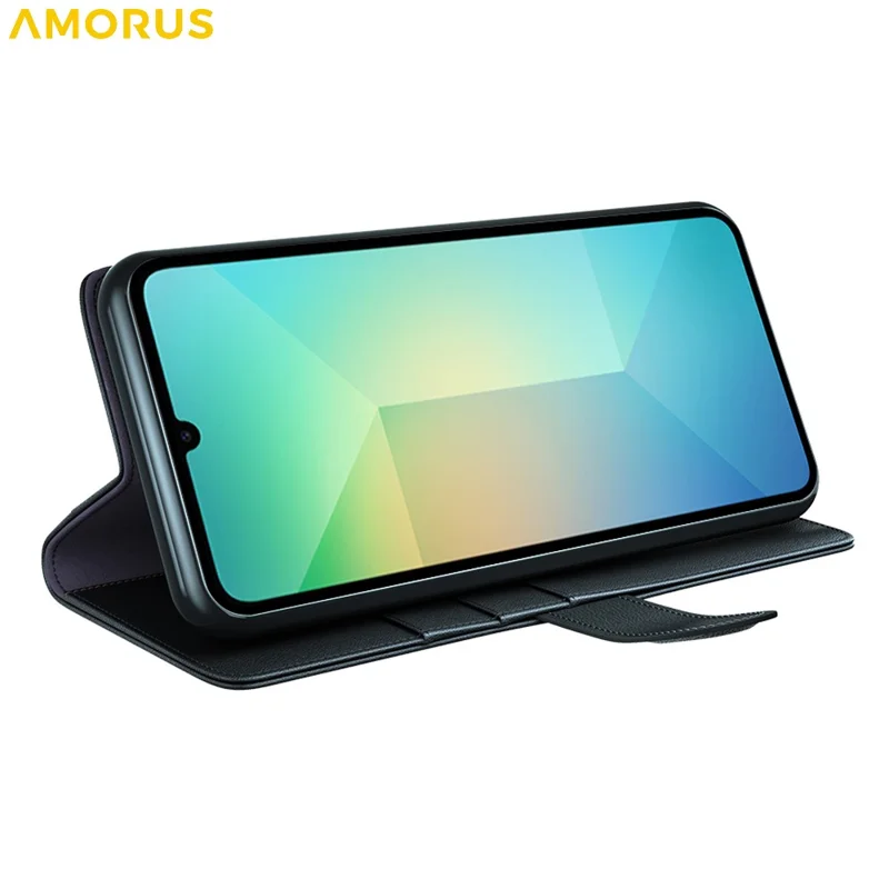 AMORUS Für Samsung Galaxy A06 4G / 5G Ständer Hüllen Kalbleder Textur Echtes Geteiltes Leder Brieftasche Handyhülle - Schwarz
