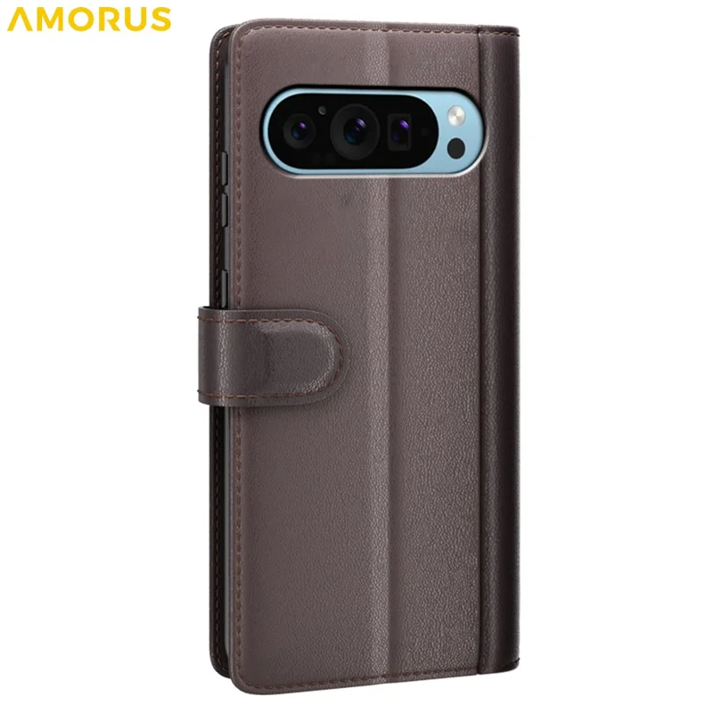 Capa de Couro Genuíno com Textura de Bezerro para Google Pixel 9 / 9 Pro, Carteira para Celular - Marrom