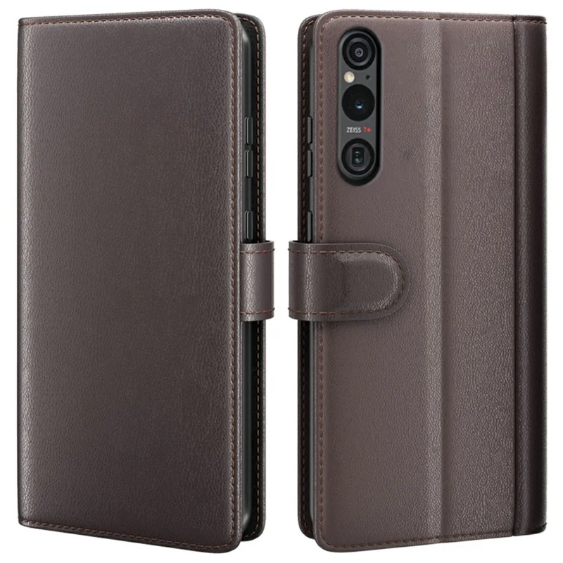 AMORUS Pour Sony Xperia 1 VI Étuis de Support Texture de Veau Véritable Cuir Fendu Portefeuille Étui de Téléphone - Marron