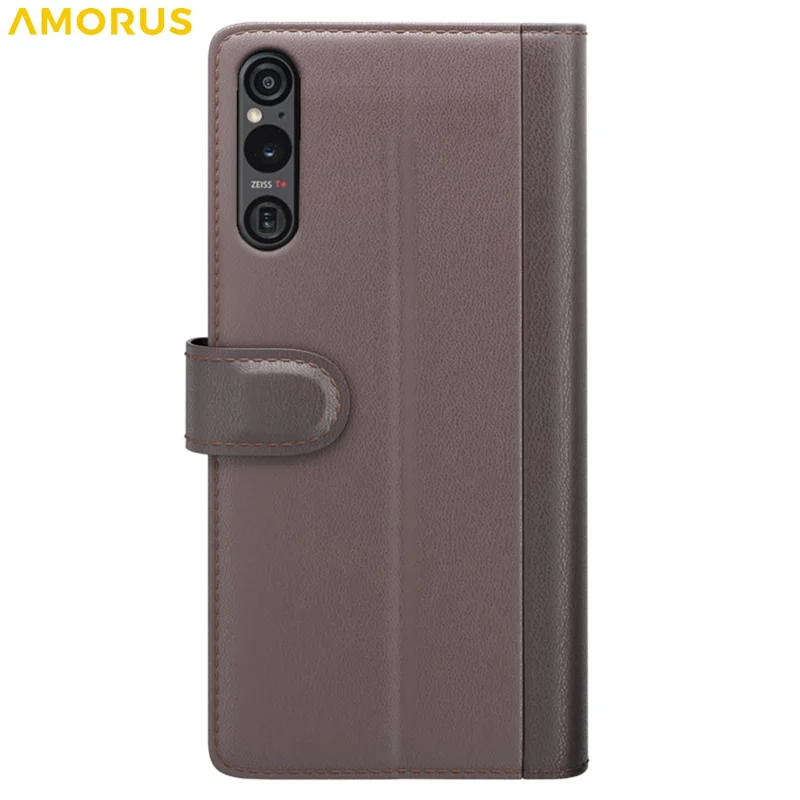 AMORUS Pour Sony Xperia 1 VI Étuis de Support Texture de Veau Véritable Cuir Fendu Portefeuille Étui de Téléphone - Marron
