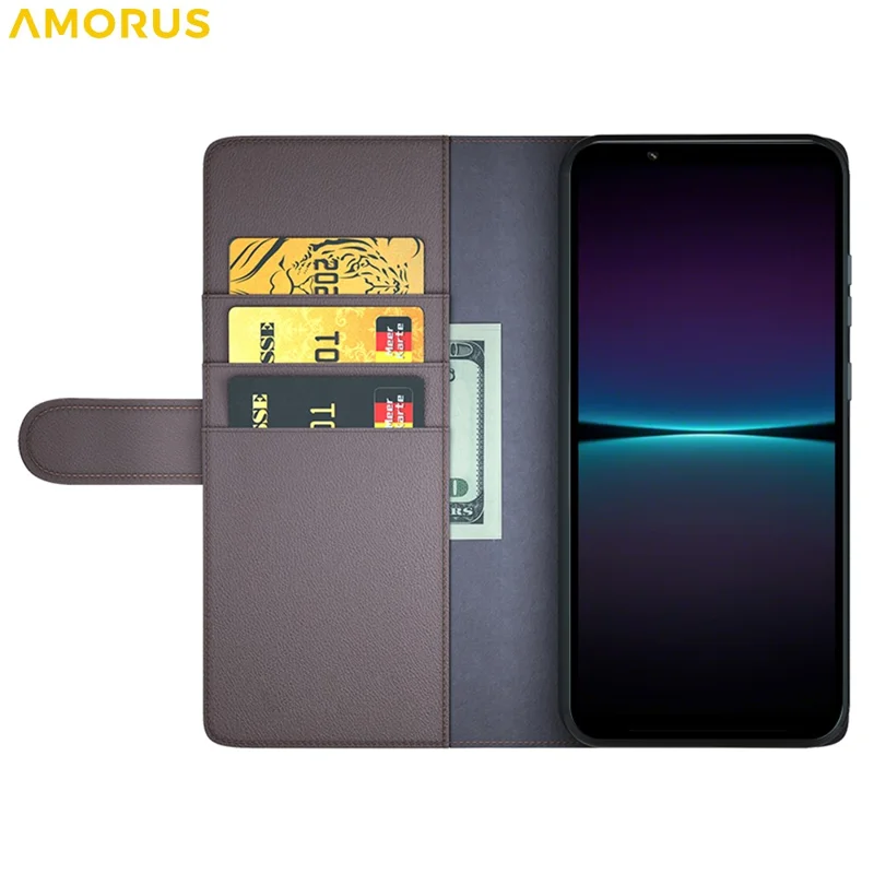 AMORUS Pour Sony Xperia 1 VI Étuis de Support Texture de Veau Véritable Cuir Fendu Portefeuille Étui de Téléphone - Marron