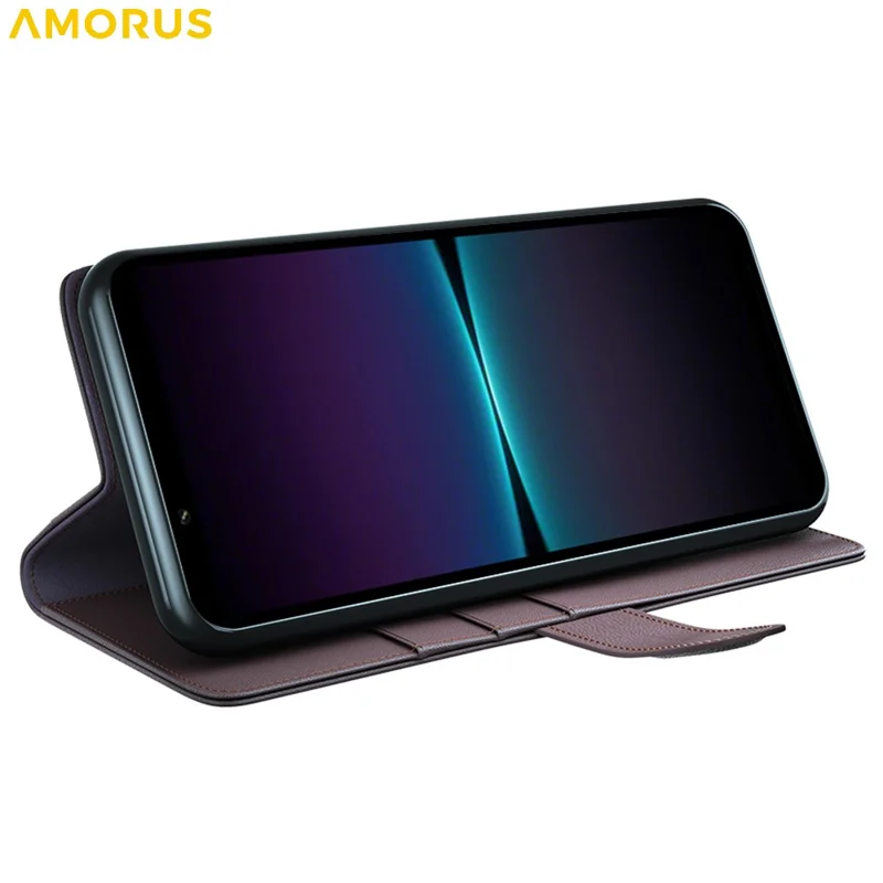 AMORUS Pour Sony Xperia 1 VI Étuis de Support Texture de Veau Véritable Cuir Fendu Portefeuille Étui de Téléphone - Marron