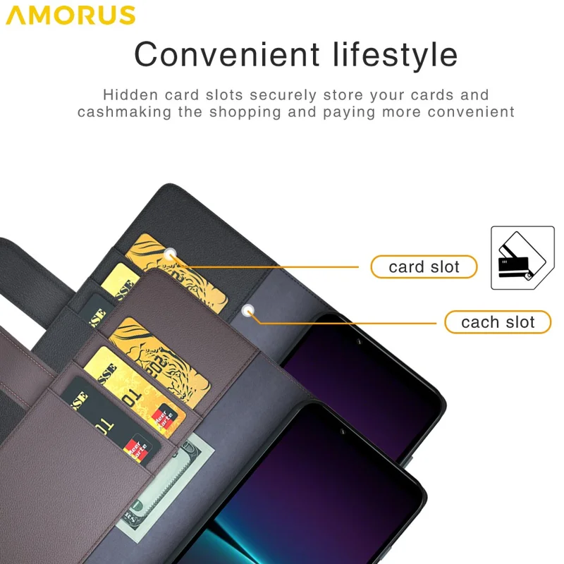 AMORUS Pour Sony Xperia 1 VI Étuis de Support Texture de Veau Véritable Cuir Fendu Portefeuille Étui de Téléphone - Marron