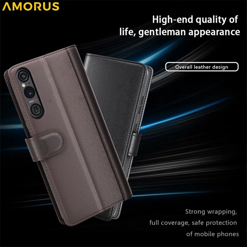 AMORUS Pour Sony Xperia 1 VI Étuis de Support Texture de Veau Véritable Cuir Fendu Portefeuille Étui de Téléphone - Marron