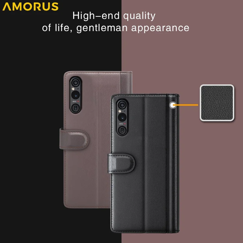 AMORUS Pour Sony Xperia 1 VI Étuis de Support Texture de Veau Véritable Cuir Fendu Portefeuille Étui de Téléphone - Marron