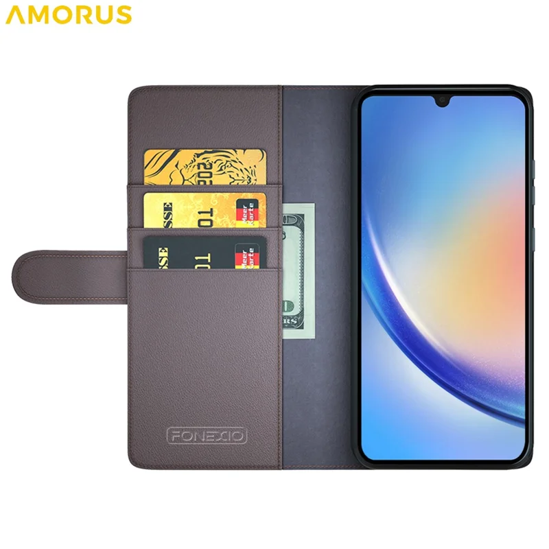 AMORUS Per Samsung Galaxy A34 5G Custodie Stand Texture Vitello Vera Pelle Portafoglio Cover Telefono - Marrone