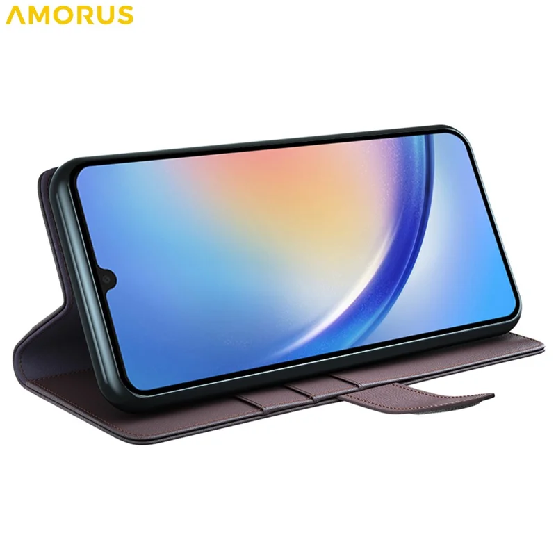 AMORUS Per Samsung Galaxy A34 5G Custodie Stand Texture Vitello Vera Pelle Portafoglio Cover Telefono - Marrone