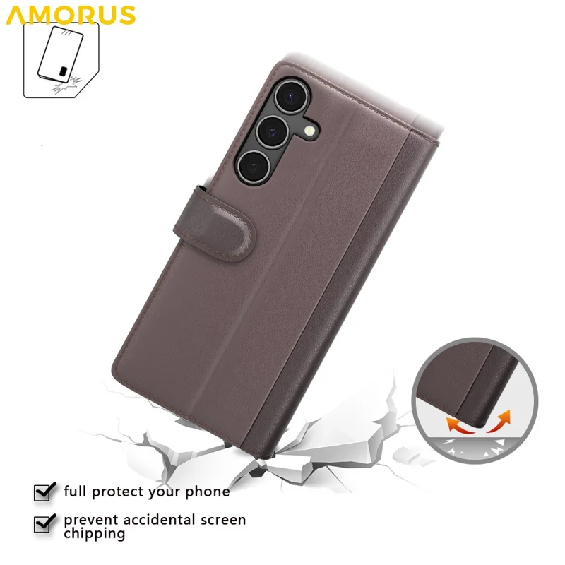 AMORUS Per Samsung Galaxy A34 5G Custodie Stand Texture Vitello Vera Pelle Portafoglio Cover Telefono - Marrone