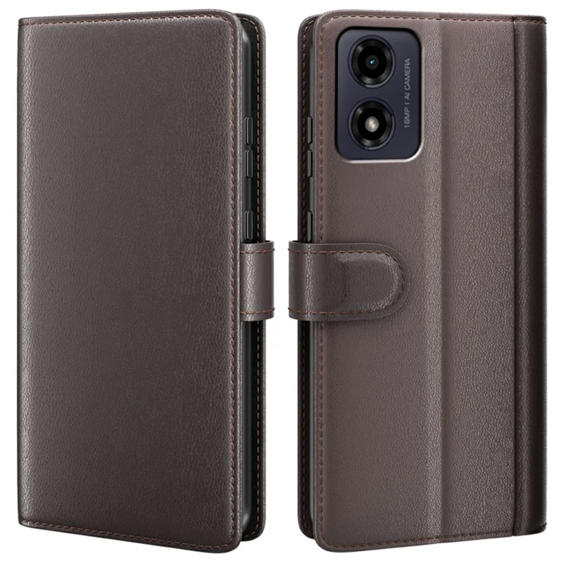 AMORUS Stand Case for Motorola Moto E14 4G / G04 4G / G04s 4G / G24 4G Calf Texture Genuine Split Leather Wallet Phone Cover - Brown