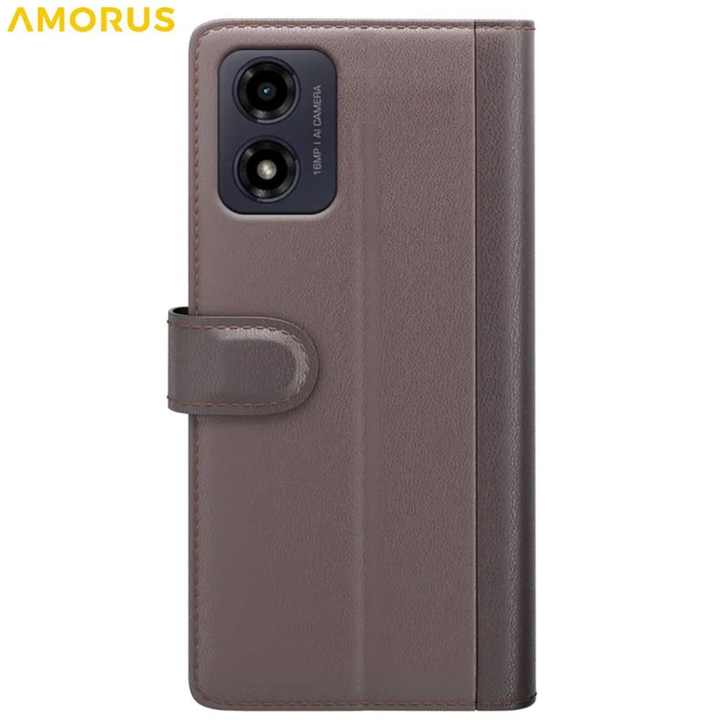AMORUS Stand Case for Motorola Moto E14 4G / G04 4G / G04s 4G / G24 4G Calf Texture Genuine Split Leather Wallet Phone Cover - Brown