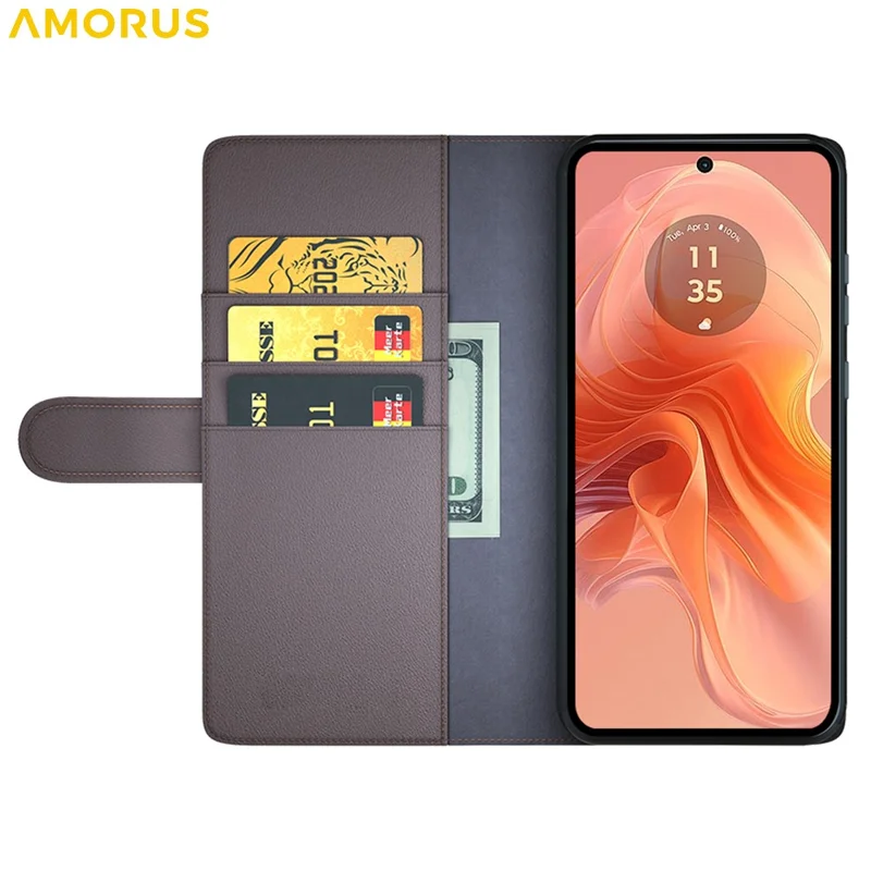AMORUS Stand Case for Motorola Moto E14 4G / G04 4G / G04s 4G / G24 4G Calf Texture Genuine Split Leather Wallet Phone Cover - Brown