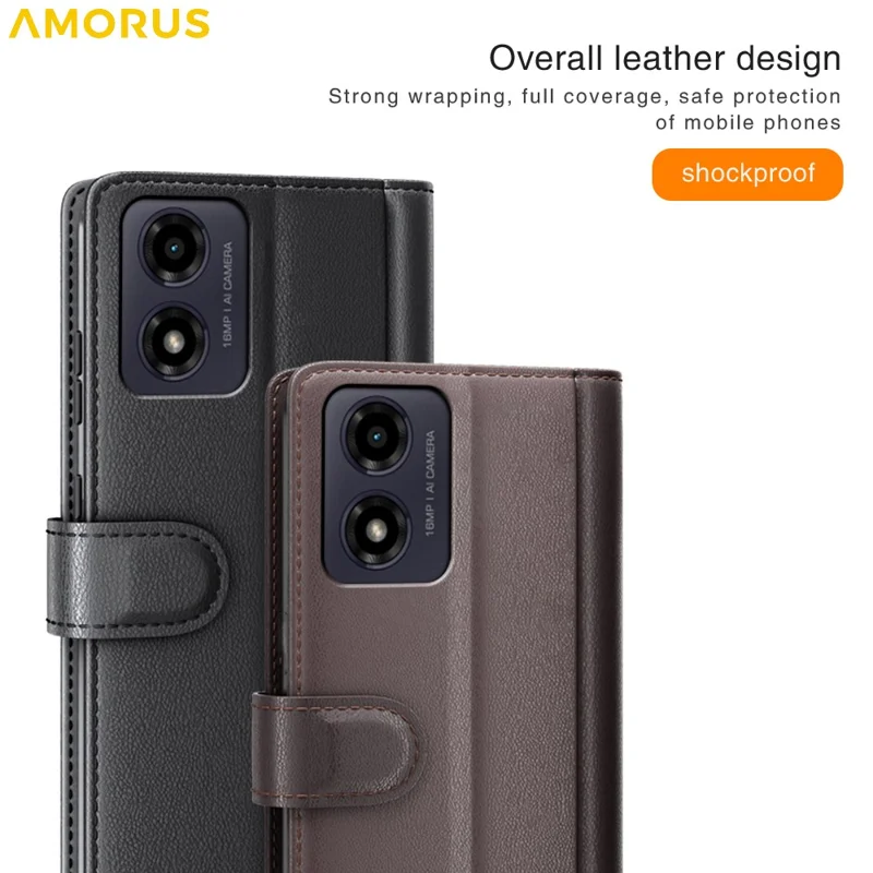 AMORUS Stand Case for Motorola Moto E14 4G / G04 4G / G04s 4G / G24 4G Calf Texture Genuine Split Leather Wallet Phone Cover - Brown