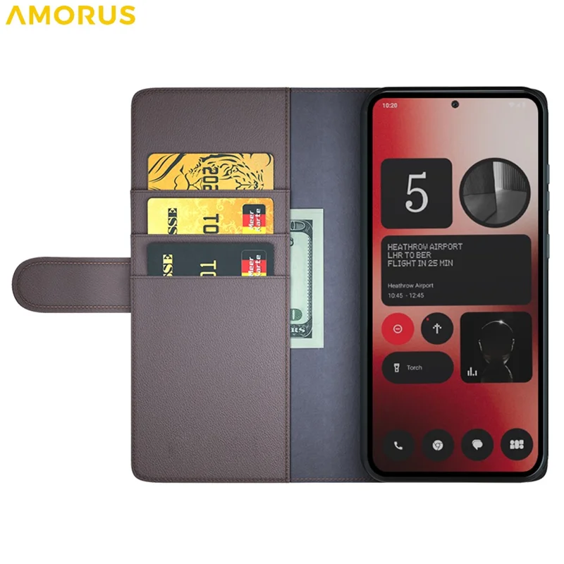 AMORUS For Nothing Phone (2a) Plus / (2a) Stand Cases Calf Texture Genuine Split Leather Wallet Phone Cover - Brown