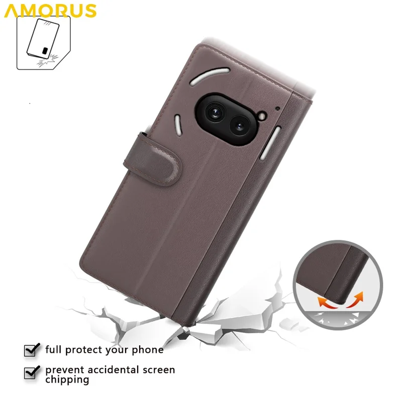AMORUS For Nothing Phone (2a) Plus / (2a) Stand Cases Calf Texture Genuine Split Leather Wallet Phone Cover - Brown