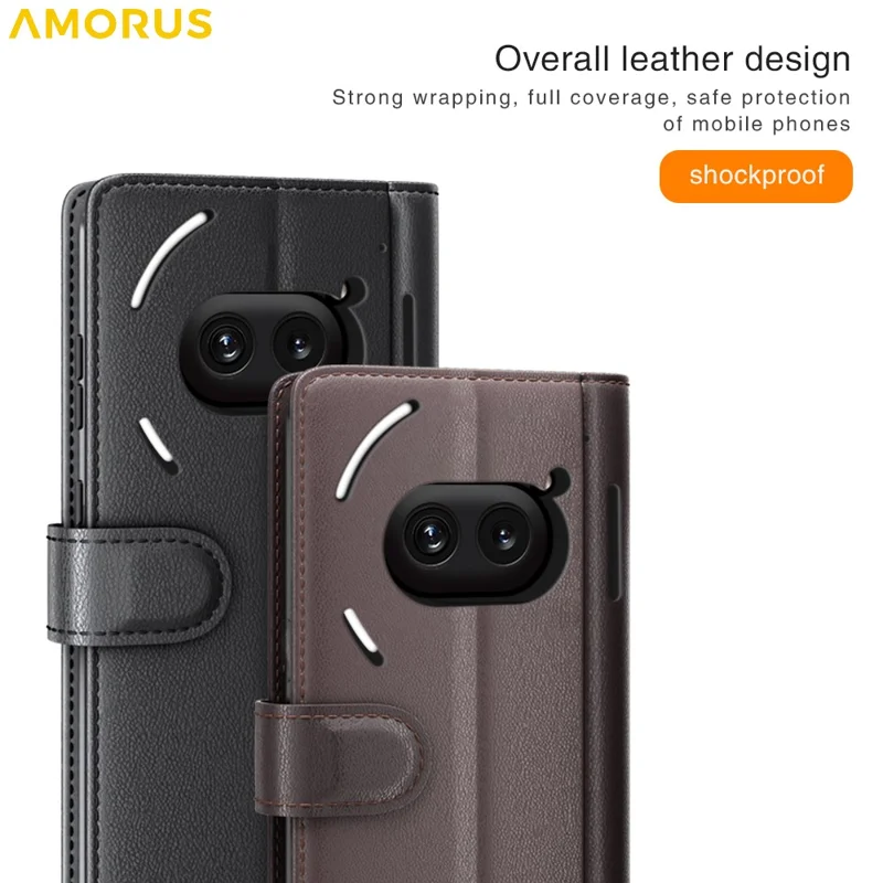 AMORUS For Nothing Phone (2a) Plus / (2a) Stand Cases Calf Texture Genuine Split Leather Wallet Phone Cover - Brown