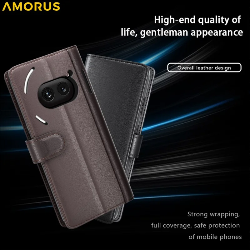 AMORUS For Nothing Phone (2a) Plus / (2a) Stand Cases Calf Texture Genuine Split Leather Wallet Phone Cover - Brown