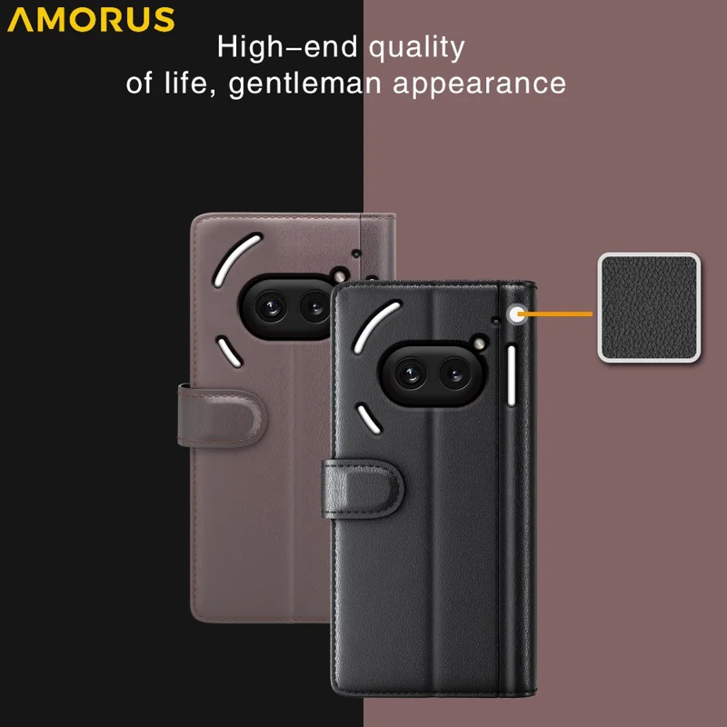 AMORUS For Nothing Phone (2a) Plus / (2a) Stand Cases Calf Texture Genuine Split Leather Wallet Phone Cover - Brown