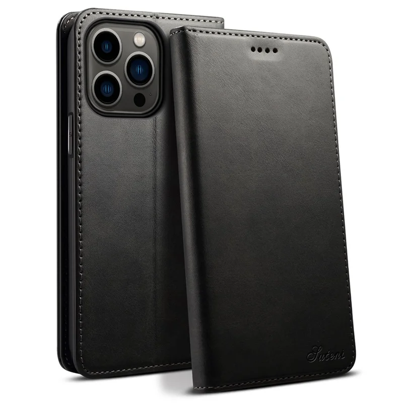 SUTENI Wallet Stand Phone Case for iPhone 14 Pro Max, Anti-scratch PU Leather Magnetic Closure Inner TPU Cover - Black