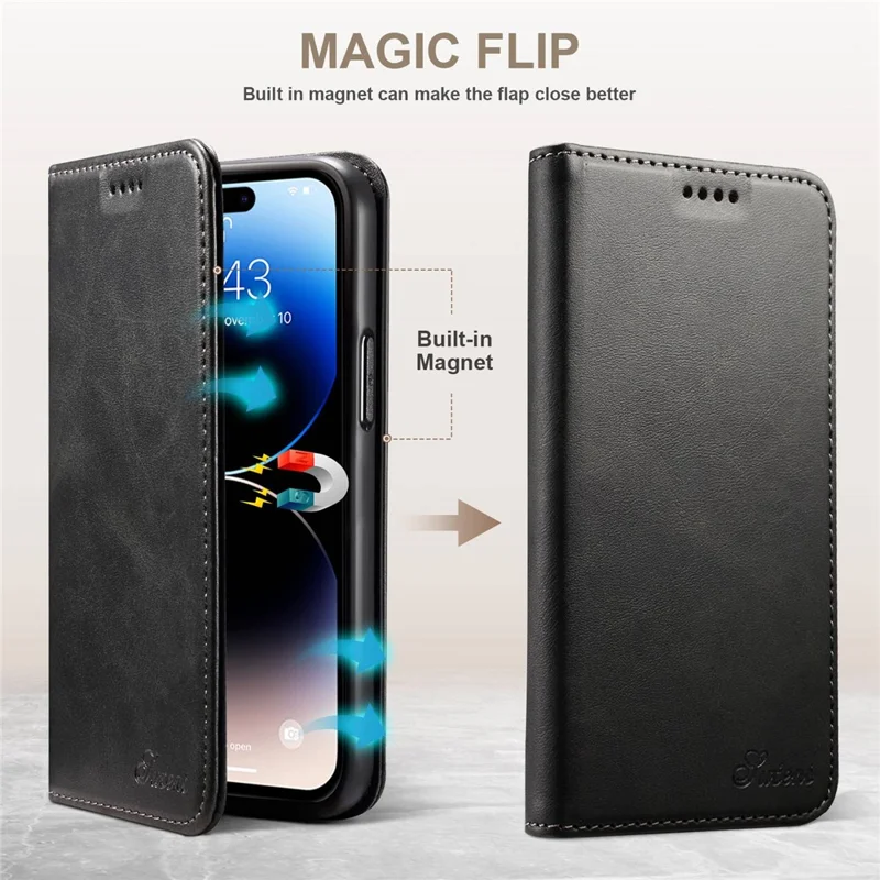 SUTENI Wallet Stand Phone Case for iPhone 14 Pro Max, Anti-scratch PU Leather Magnetic Closure Inner TPU Cover - Black