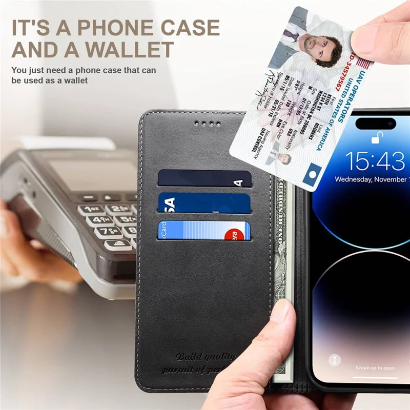 SUTENI Wallet Stand Phone Case for iPhone 14 Pro Max, Anti-scratch PU Leather Magnetic Closure Inner TPU Cover - Black
