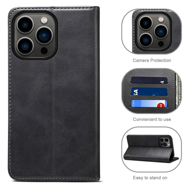 SUTENI Wallet Stand Phone Case for iPhone 14 Pro Max, Anti-scratch PU Leather Magnetic Closure Inner TPU Cover - Black