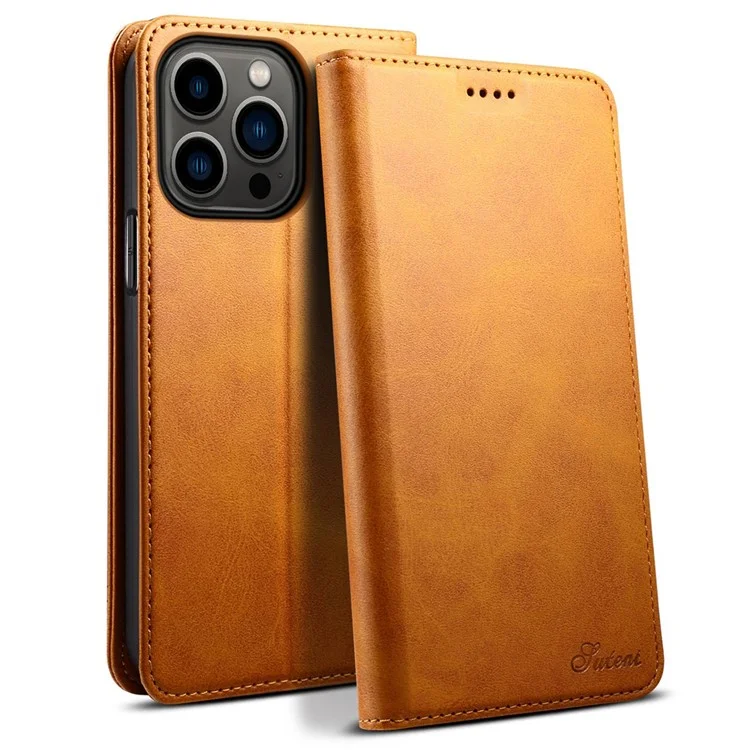 Suteni Wallet Stand Phone Case Для Iphone 14 Pro Max, Противоязное Кожаное Магнитное Закрытие Внутренней Крышки TPU - Хаки