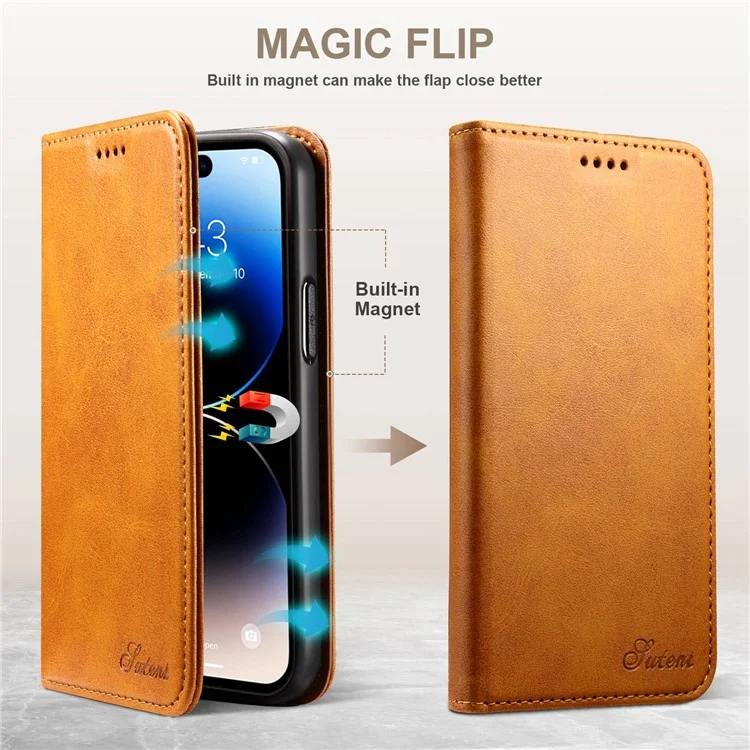 Suteni Wallet Stand Phone Case Для Iphone 14 Pro Max, Противоязное Кожаное Магнитное Закрытие Внутренней Крышки TPU - Хаки